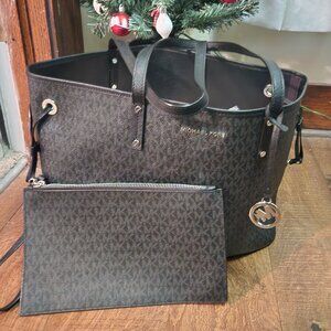 Michael kors Black & Gray Signature Print  Tote with Wrist-let/Pouch